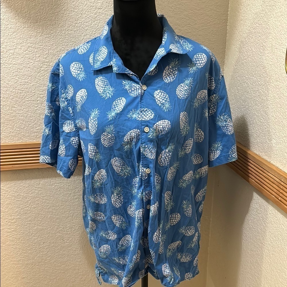 Lucky Brand Blue Pineapple Print Men's Button down Shirt size L!!
